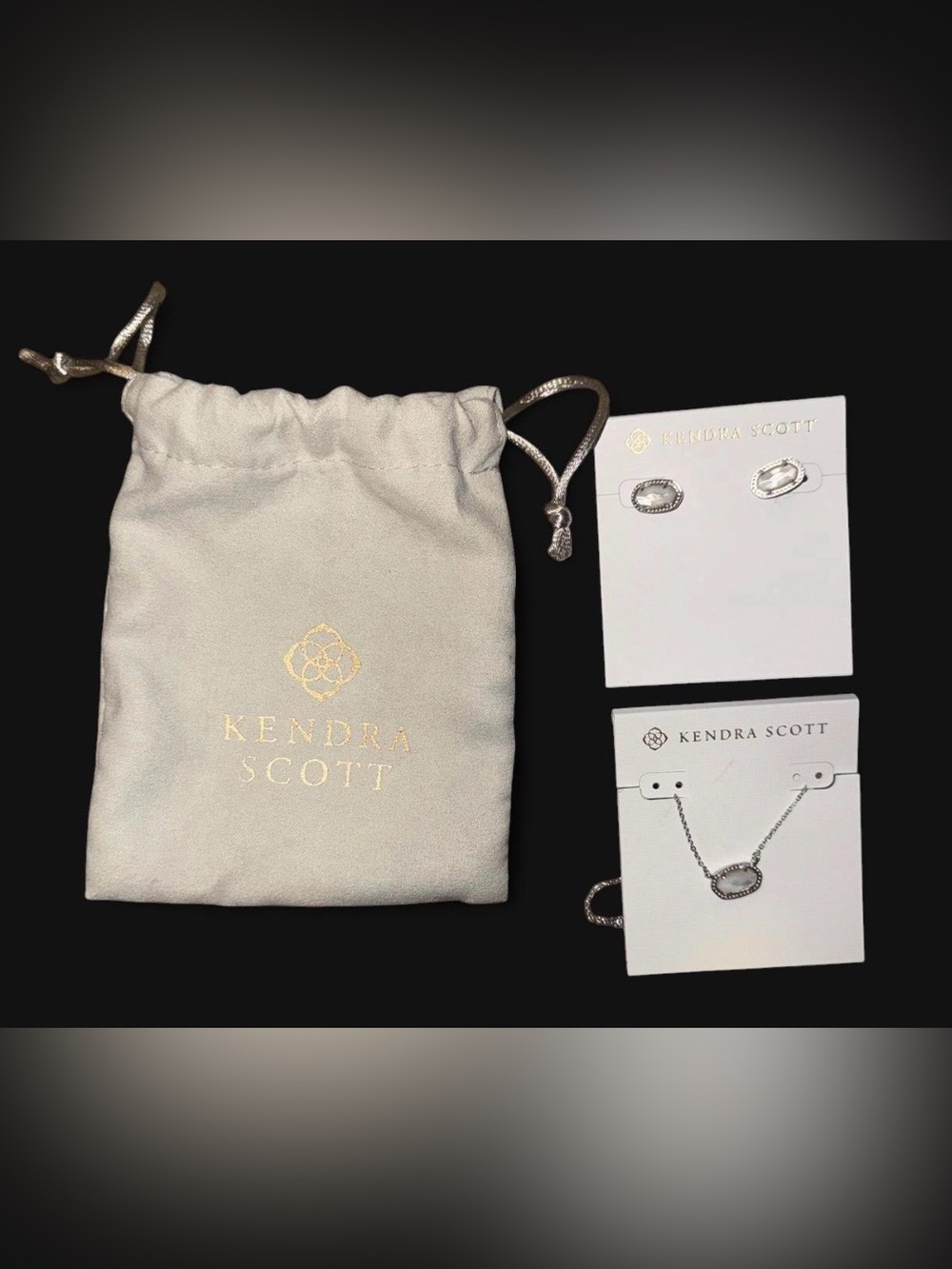 Kendra Scott Silver Oval Necklace and Stud Earrings Set with Branded Pouch